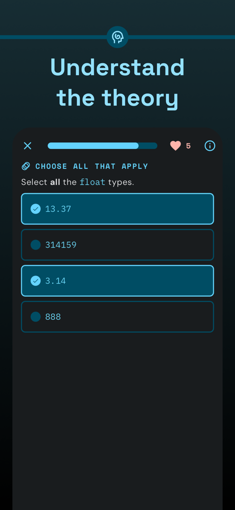 Cuestionario interactivo de teoría de programación en la app Encode mostrando una pregunta de opción múltiple sobre tipos de datos flotantes.