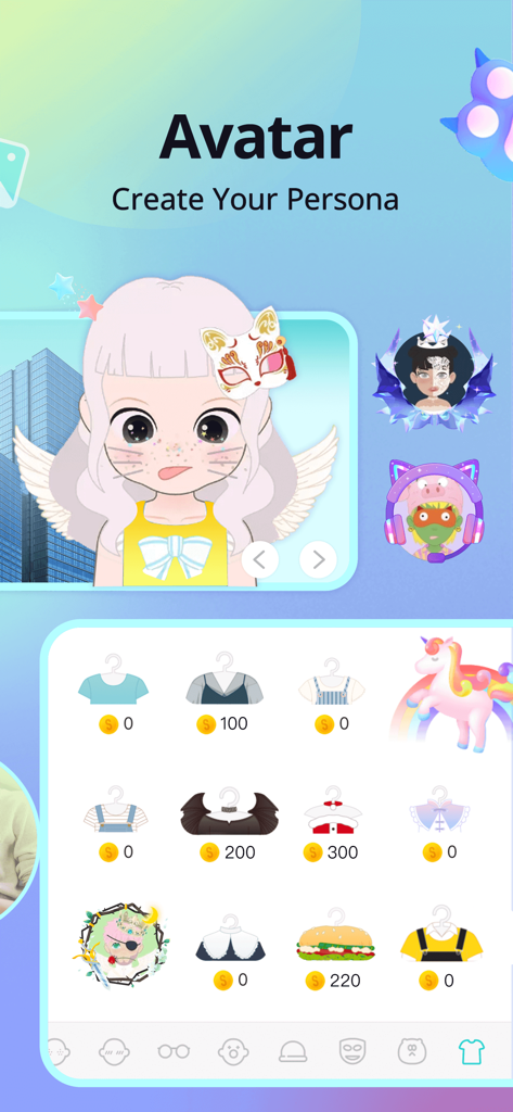 Soul-Chat, Match, Party - Soul app interface for creating a personalized digital avatar with various clothing and accessory options