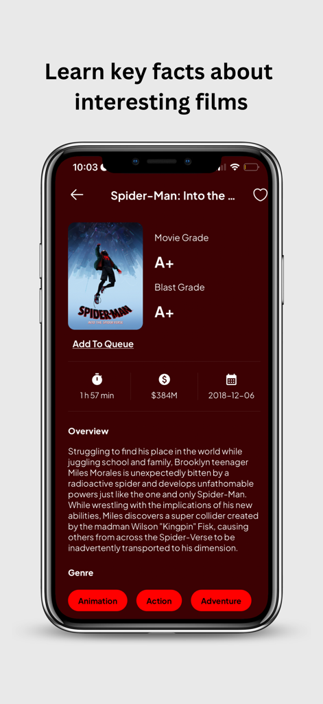 Blast Movie App - L'interface de l'application Blast Movie affichant les détails du film et les notes pour Spider-Man Into the Spider-Verse.