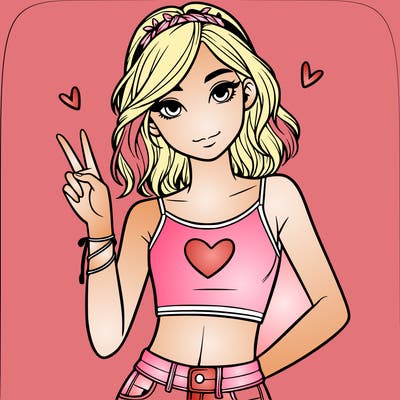 teenage girl in crop top with ✌️ sign