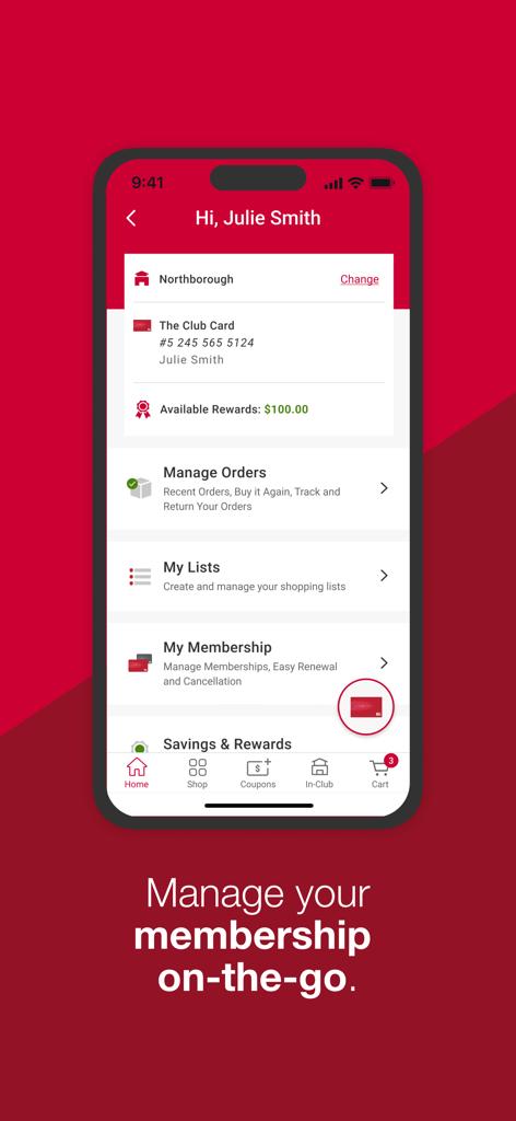 BJs Wholesale Club - Bildschirm der mobilen App BJ's Wholesale Club mit Details zum Mitgliedschaftskonto, verfügbaren Prämien und Bestellverwaltung