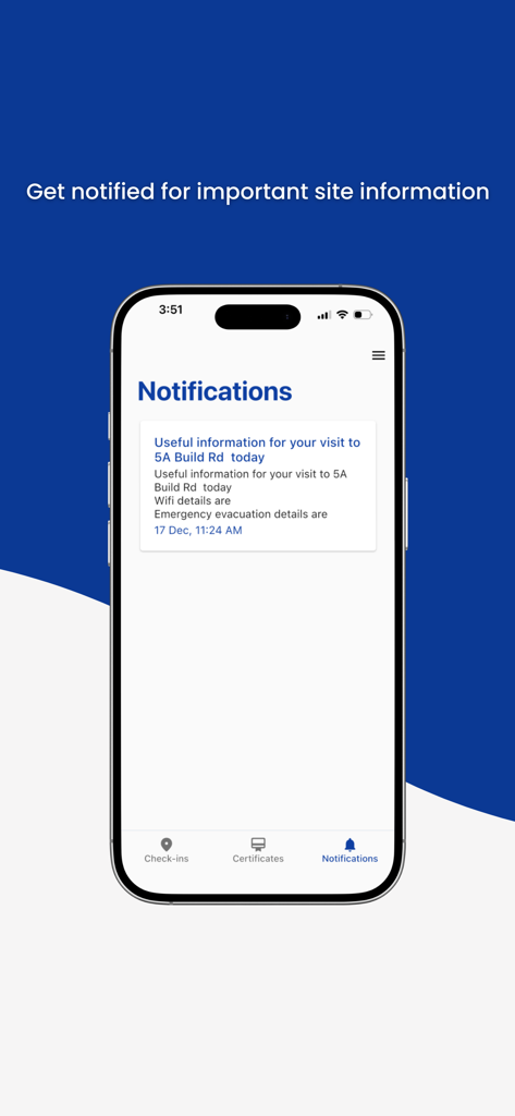 EVA Check-in | Visitor sign-in - EVA Checkin app notification screen for visitor site information
