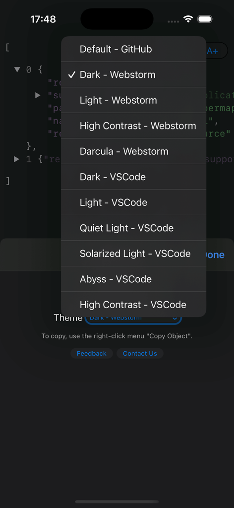 JSON Tree app interface showing a theme selection menu with options like VSCode and Webstorm.