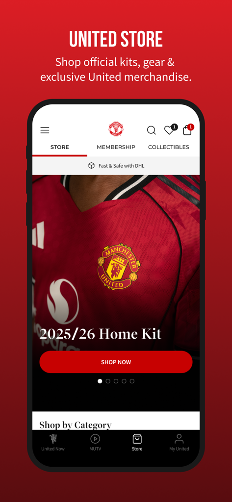 Manchester United app United Store interface showing the official home kit and merchandise shop