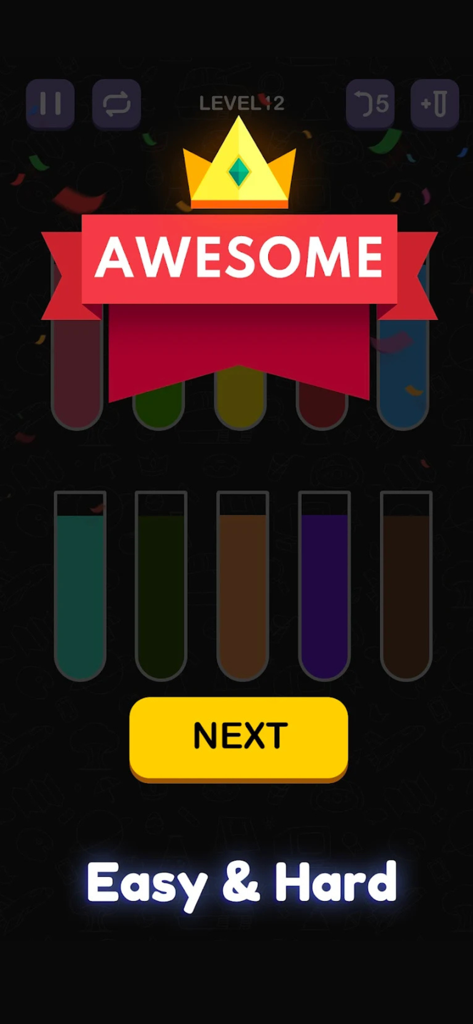 Water Sorting Color IQ Puzzle - Pantalla de victoria del juego de ordenación de agua con tubos de color ordenados y un banner impresionante