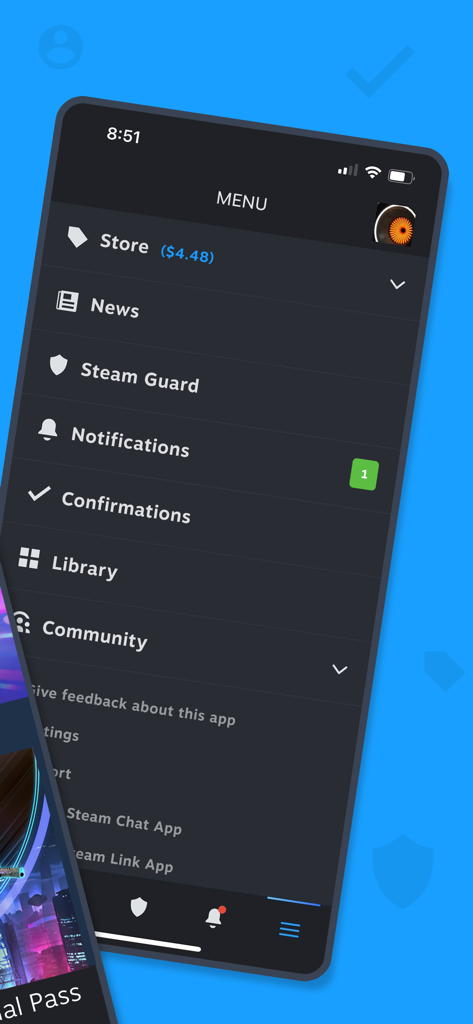 Steam Mobileアプリのメインナビゲーションメニュー。ストア、Steam Guard、ライブラリのオプションが表示されています。