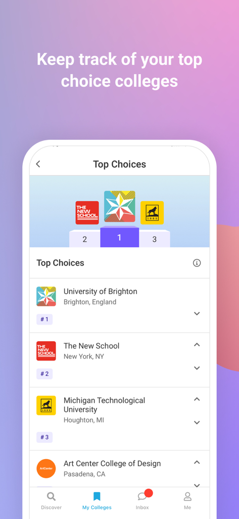 Scoir - Scoir app interface showing a ranked list of top choice colleges on a mobile phone screen.