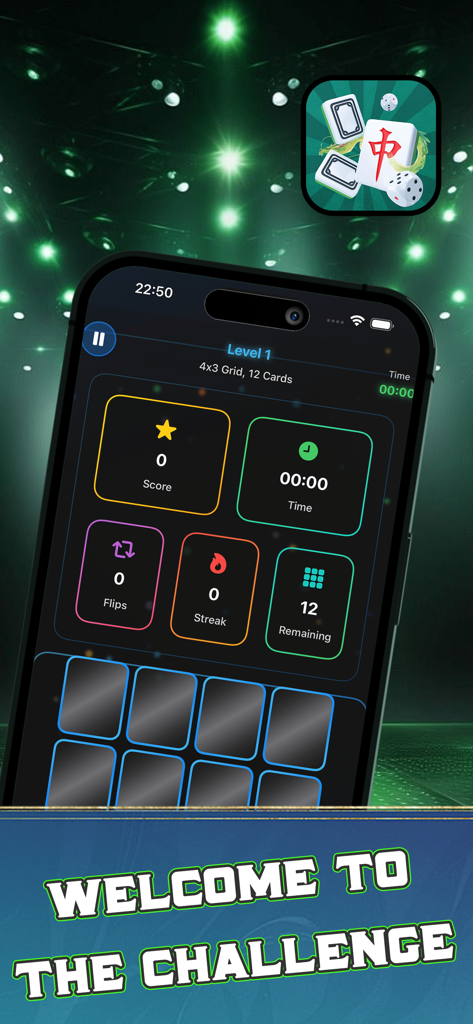 PolarMahjongExped - PolarMahjongExped app interface displaying level 1 gameplay with score flips and streak statistics