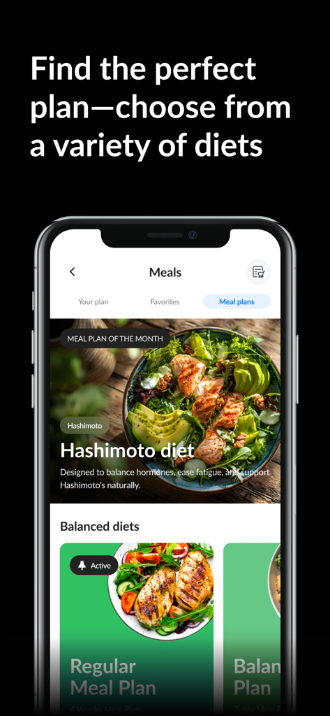 Perfect Body app interface showing a variety of diet plans including Hashimoto and Balanced meal options with healthy recipes.