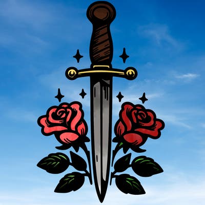 dagger in upright position with roses in front