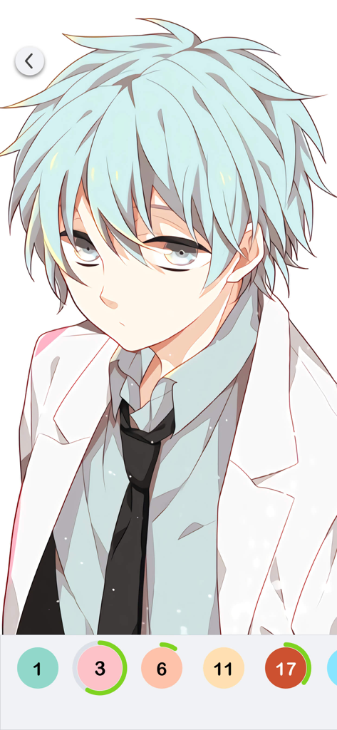 Anime Paint - Color By Number - Un personaje de chico de anime con pelo azul claro siendo coloreado en la interfaz de la app Anime Paint