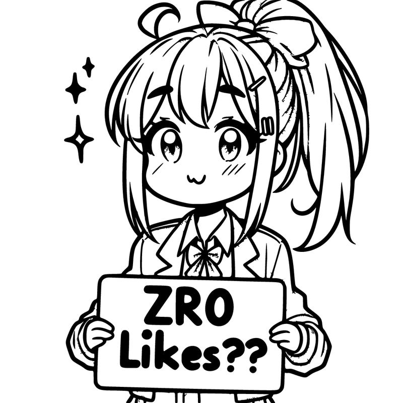super cute anime girl with high ponytail and a sign saying zero likes???