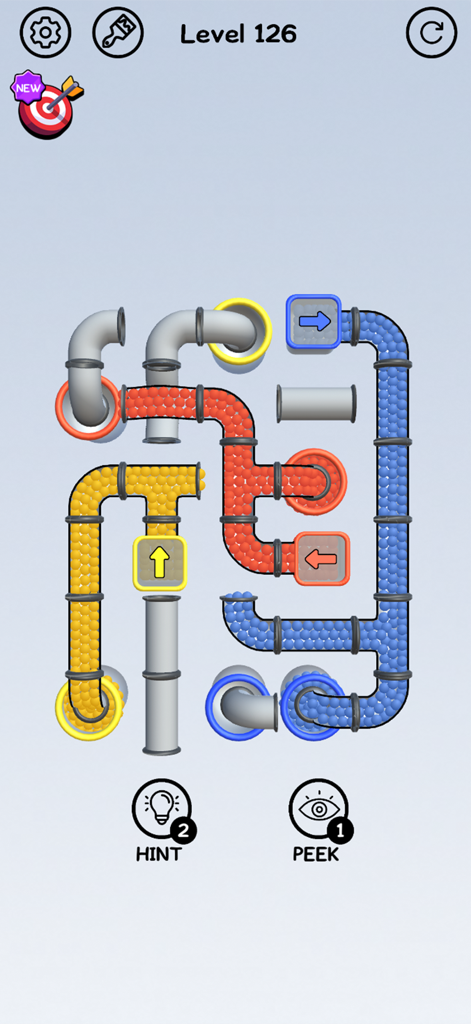 Pipes and Balls - Pipes and Balls mobile game screenshot of Level 126 featuring colorful pipe puzzles and logic challenges.