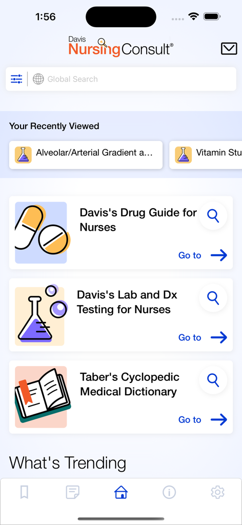 Pantalla de inicio de la aplicación Davis Nursing Consult que muestra guías de referencia clínica, incluida la Guía de Medicamentos y el Diccionario Médico.