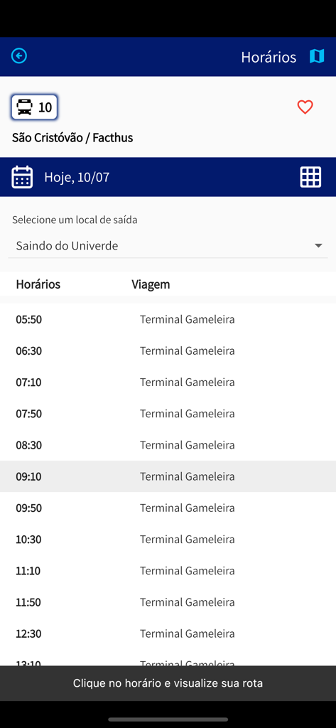 BusU - Captura de pantalla de la aplicación BusU mostrando un horario de ruta de autobús con horas de salida y destino para el tránsito de Uberaba