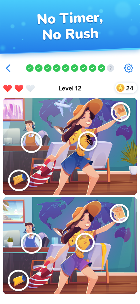 Differences - Find & Spot Them - Ein entspannendes Wimmelbild-Level mit einer Cartoon-Reiseszene und markierten Unterschieden