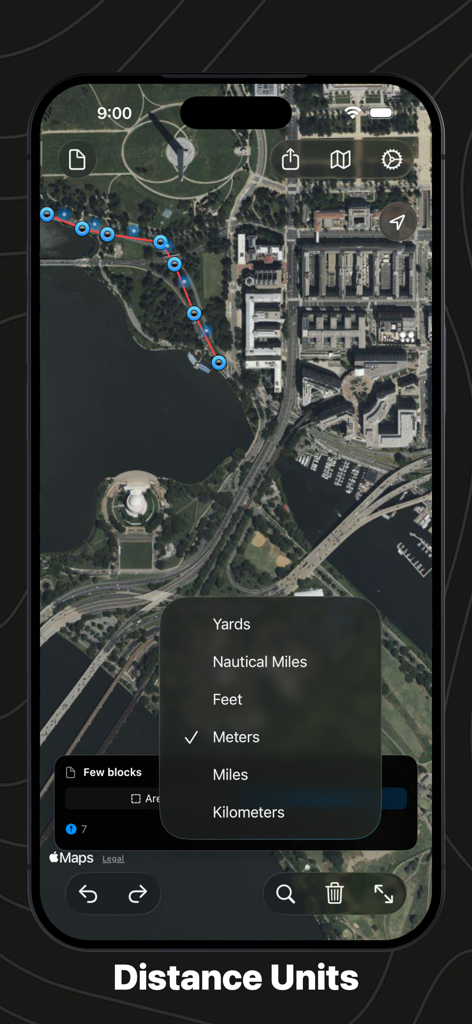 Geo Measure: Area & Distance - Interface de l'application Geo Measure montrant une carte satellite avec un menu pour sélectionner les unités de distance telles que les mètres et les miles