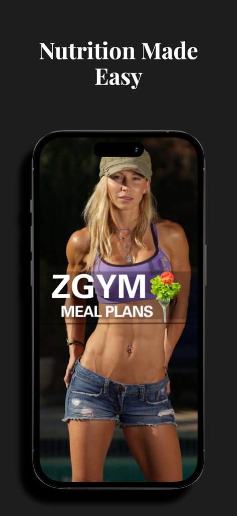 ZGYM - ZGYM app screen showing nutrition made easy and meal plans featuring Zuzka Light