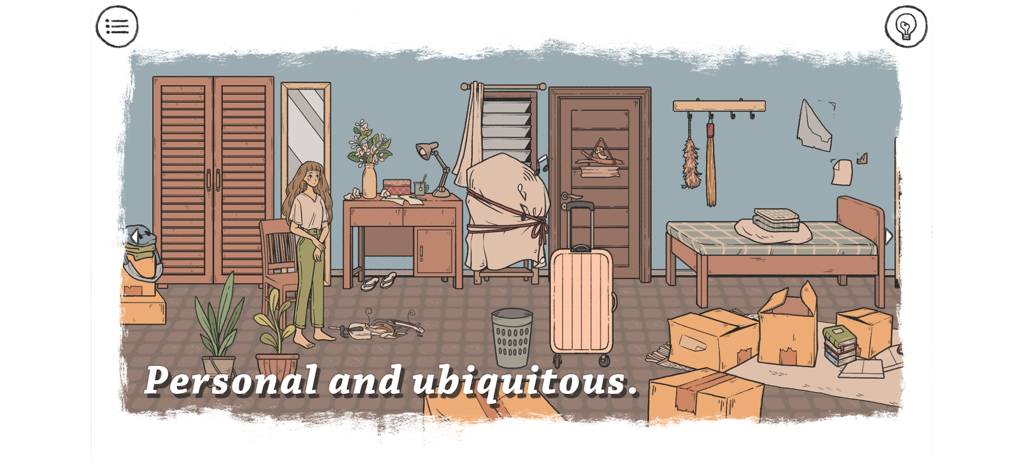 Une pièce dessinée à la main avec des cartons de déménagement et le personnage principal Eda dans le jeu When The Past Was Around