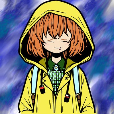 little anime girl in a raincoat her hair is covering her eyes she has a lighter