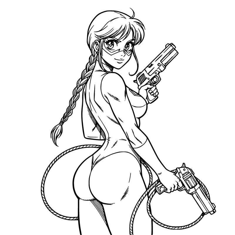 supergirl, body suit with mask, she carries a whip and a gun, blank background, no cape, long braids, she looks powerful and strong