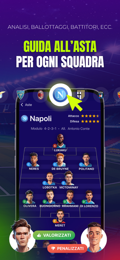 Fantasy soccer auction guide showing team formation and player ratings