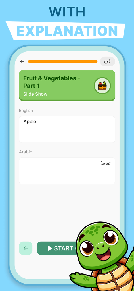 Interface de aplicativo móvel mostrando a palavra em inglês Apple e sua tradução em árabe com uma mascote de tartaruga