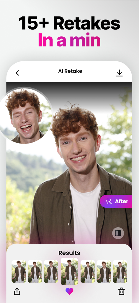 Mobile app screen showing multiple natural looking AI photo retakes of a smiling man