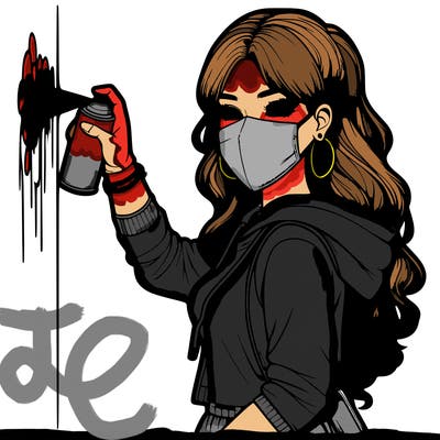 realistic girl with mask spray painting a wall