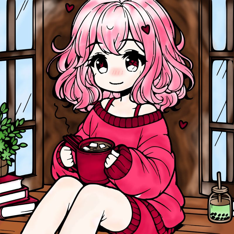 cute anime girl reading book and drinking hot chocolate from mug with loose wavy hair wearing a baggy sweatshirt and shorts sitting by windowsill looking out