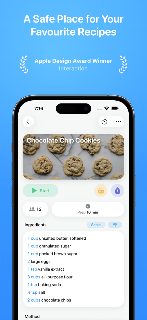 Crouton: Recipe Manager - iPhone screenshot of Crouton app displaying a chocolate chip cookie recipe with ingredients and preparation details