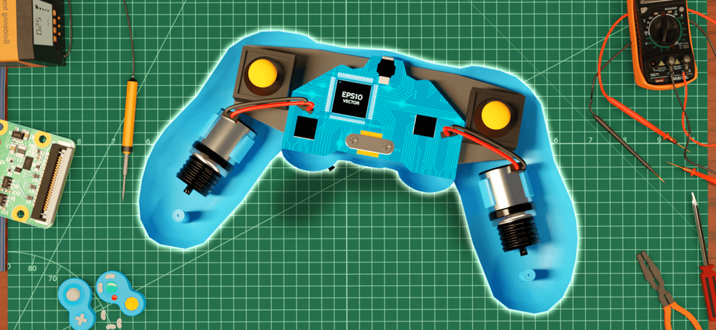 Disassembled blue game controller on a repair workbench with electronic tools