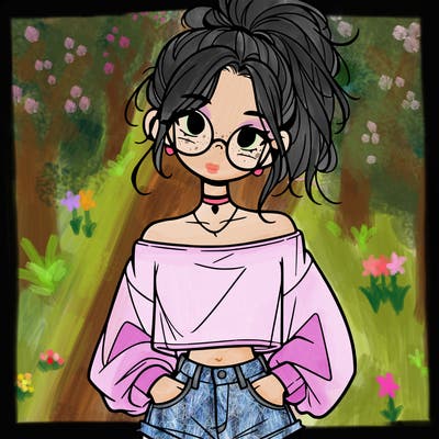 girl with a messy ponytail glasses a baggy crop top and jean shorts