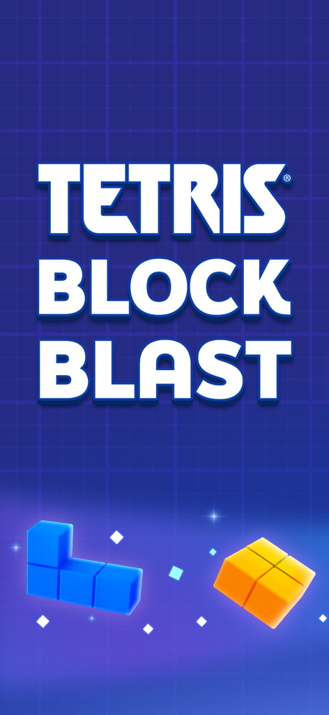 Tetris® Block Blast - 3Dパズルブロックと青いグリッドの背景に、公式テトリスブロックブラストのロゴとゲームタイトル。
