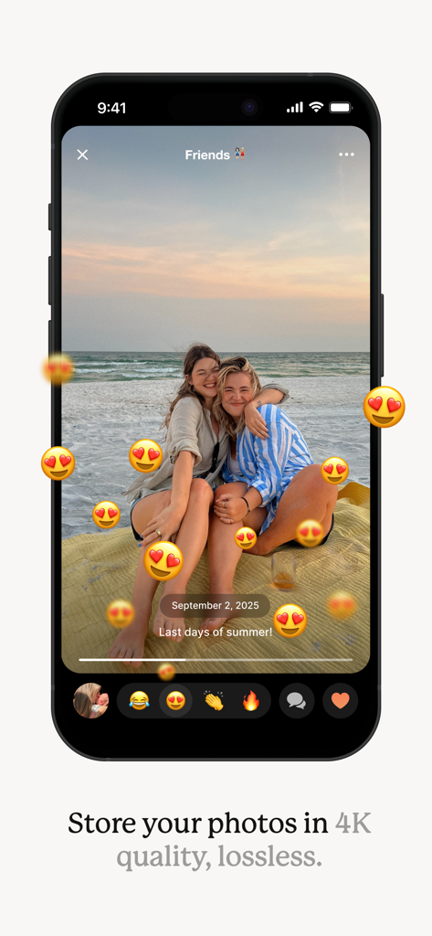 Interface of Dots Memories app showing a high quality 4K photo of friends on a beach with heart eye emojis