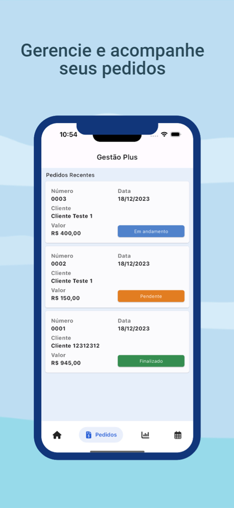 Venbook: Customers, Orders - Interface do aplicativo móvel Venbook mostrando uma lista de pedidos recentes de clientes com status como pendente e concluído.