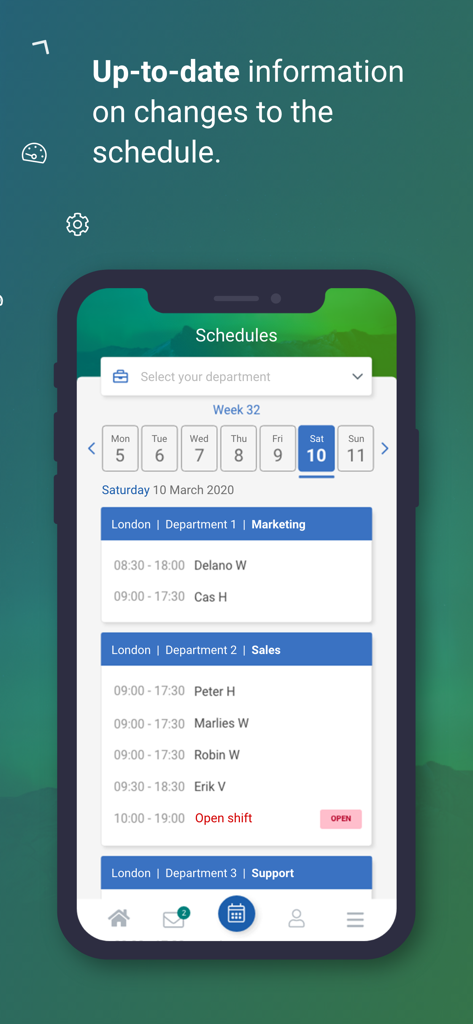 Dyflexis - Dyflexis mobile app interface showing employee work shifts and departmental schedules