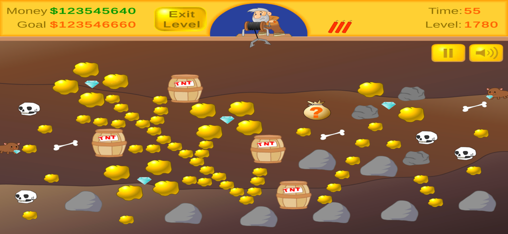 Gameplay of Classic Miner showing a miner using a hook to grab gold nuggets and diamonds underground