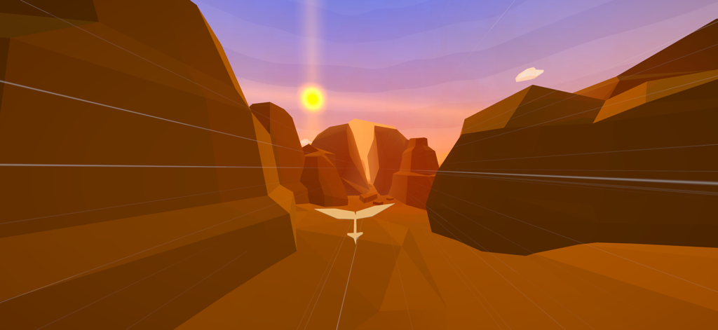 Un avión de papel blanco volando a través de un paisaje de cañón de baja poligonización durante el atardecer