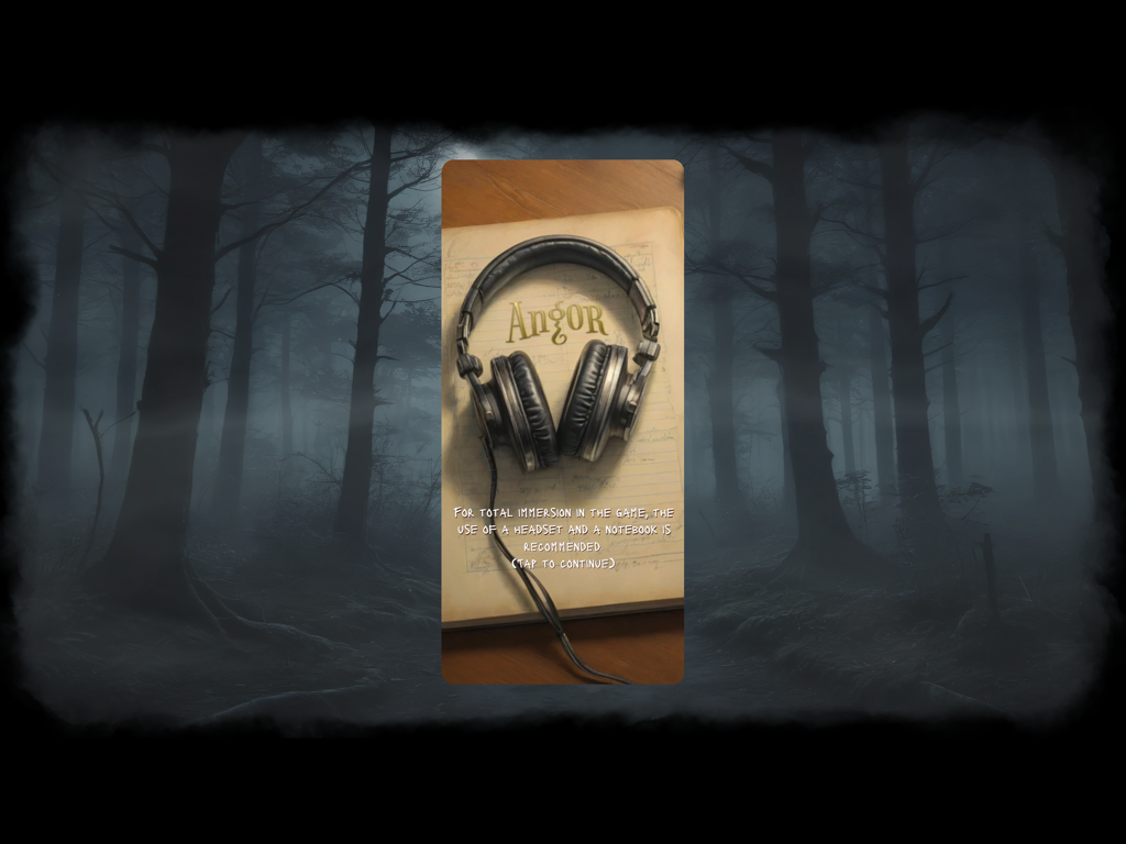 Angor : RPG - A pair of headphones resting on an open notebook against a dark misty forest background for Angor RPG immersion.