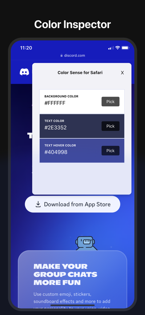 iPhone screen displaying the Color Inspector tool within the Color Sense for Safari app, showing hex codes for background, text, and hover colors on a mobile webpage.