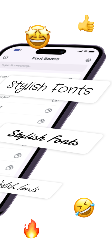 Fontboard: Trendy Fonts - Un smartphone mostrando la interfaz de la aplicación Fontboard con varios estilos de fuentes elegantes y emojis expresivos.