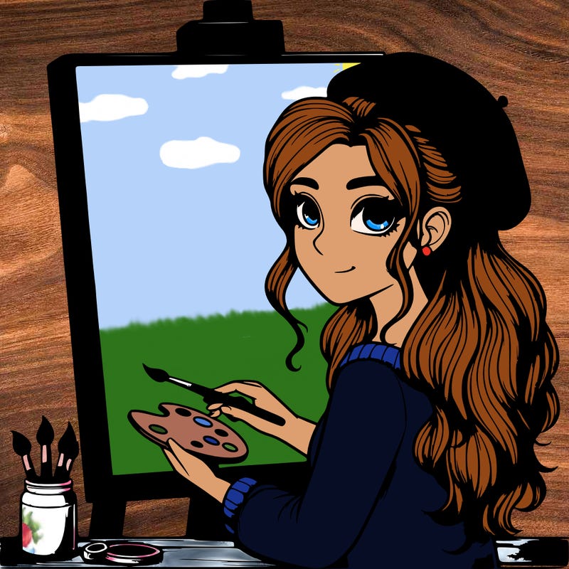 realistic girl artist painting a blank canvas