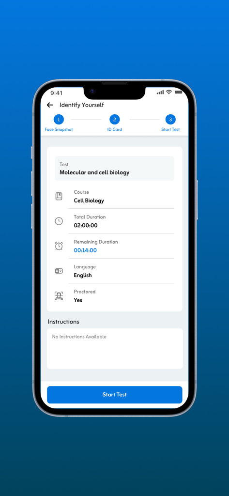 QQ (Quality Questions) - Identification screen for a proctored biology exam in the QQ Quality Questions app