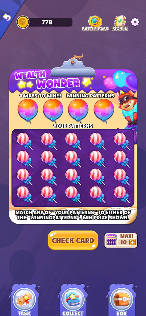 Scratch Go:Cartoon Game - Gameplay screen of Scratch Go showing a Wealth Wonder scratch card with lollipop patterns and winning balloon symbols.