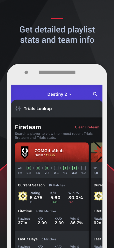 トラッカーネットワークアプリでのDestiny 2トライアル統計とファイアチーム情報