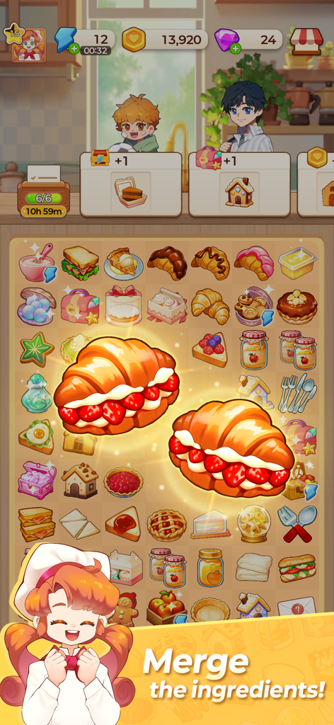 Dream Recipe : Merge Cooking - Interface d'un jeu mobile casual où des ingrédients alimentaires comme des croissants à la fraise sont fusionnés sur un plateau de puzzle coloré.