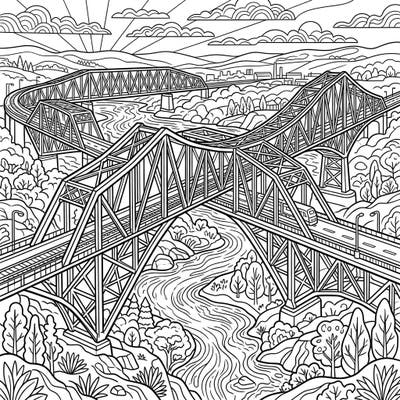 Dive into the impressive world of engineering with our intricate Truss Bridges coloring page, specially designed for teens. Explore complex structural designs and scenic landscapes, perfect for a creative challenge.