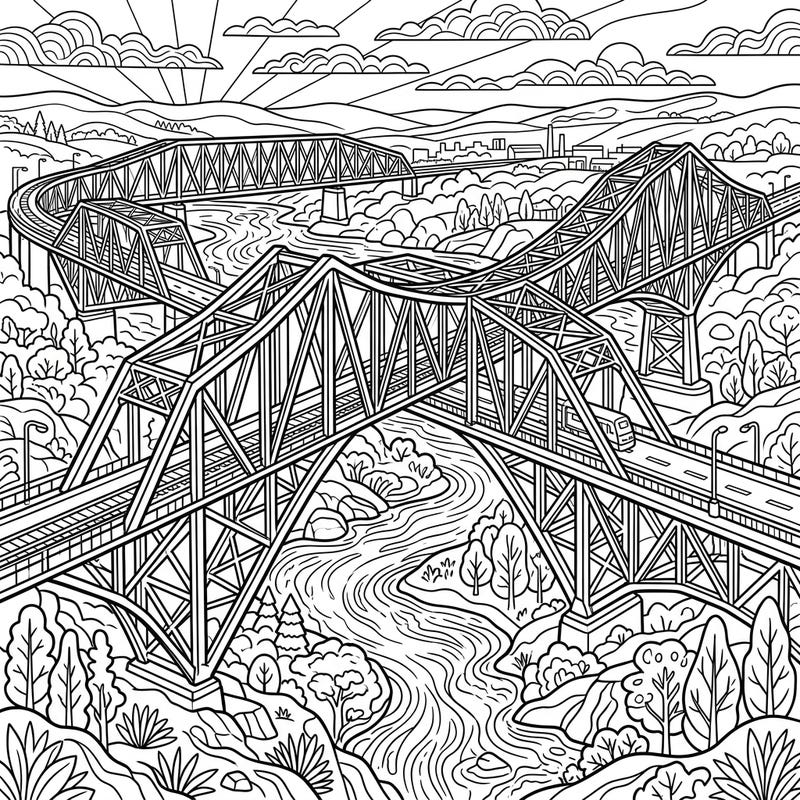 Dive into the impressive world of engineering with our intricate Truss Bridges coloring page, specially designed for teens. Explore complex structural designs and scenic landscapes, perfect for a creative challenge.