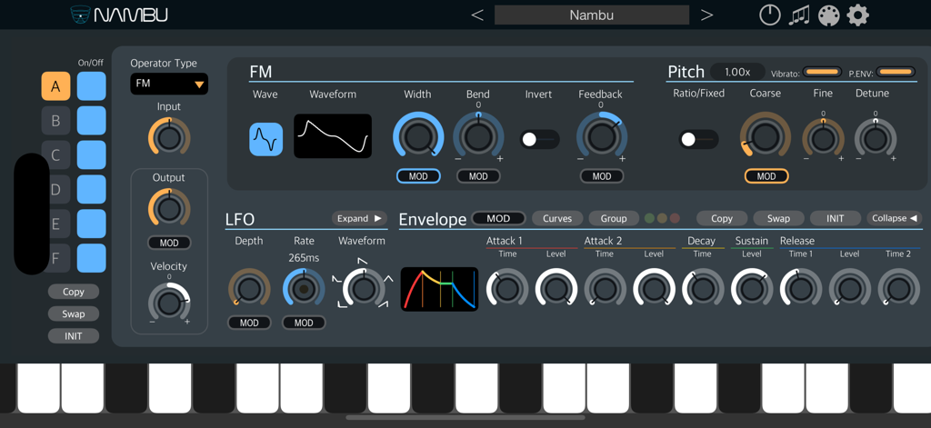 Nambu AUv3 synthesizer interface featuring FM operator and sound modulation settings